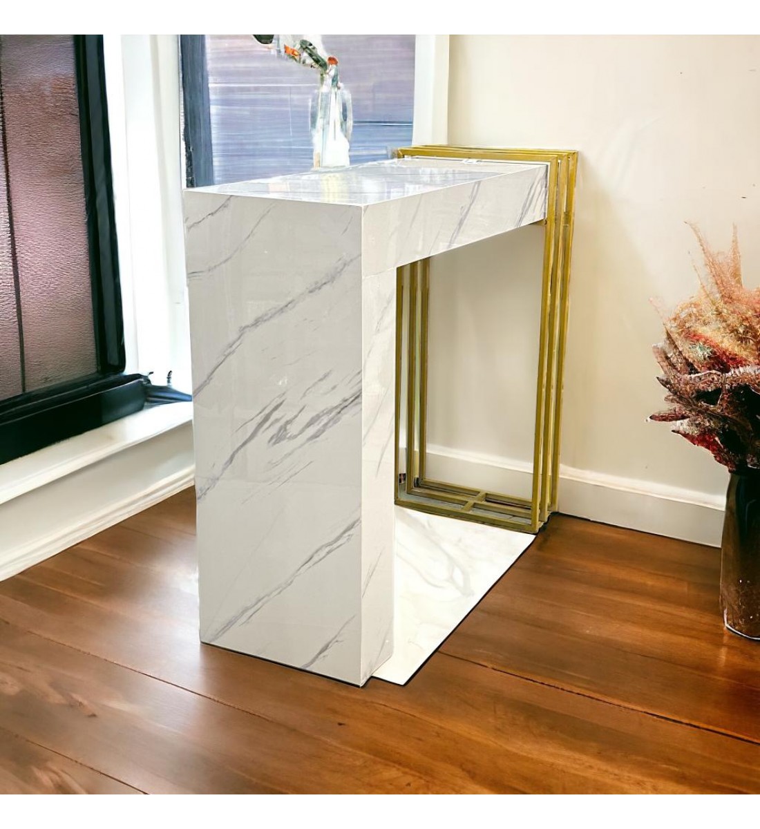 طاولة مدخل بديل رخام ابيض علي ذهبي شكل جديد وانيق (88×30×75سم