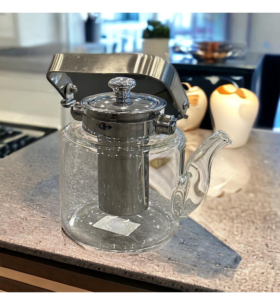 ابريق زجاج شفاف بغطا ومسكة استيل فضي 700مل