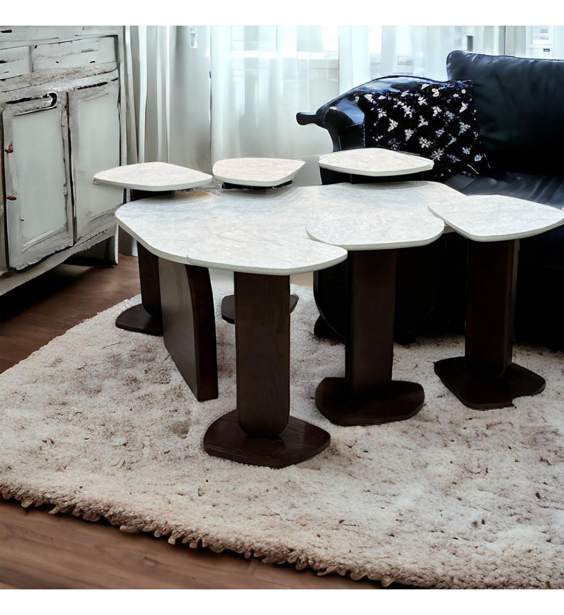 طقم طاولة خدمة بديل الرخام قاعده خشب بني سطح احجار سنديان  7 قطعة 