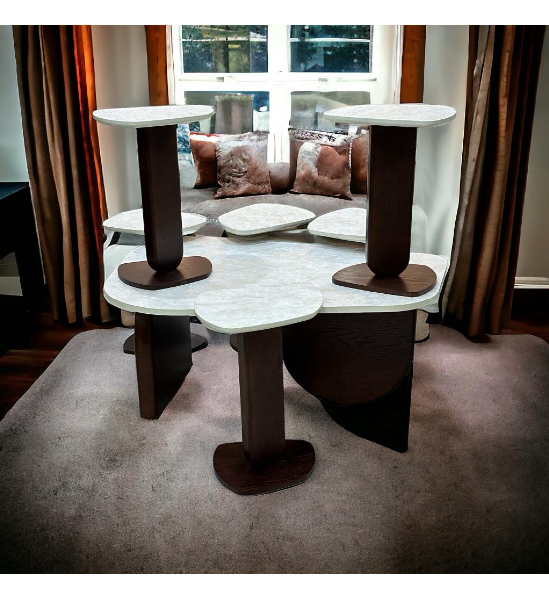 طقم طاولة خدمة بديل الرخام قاعده خشب بني سطح احجار سنديان  7 قطعة 