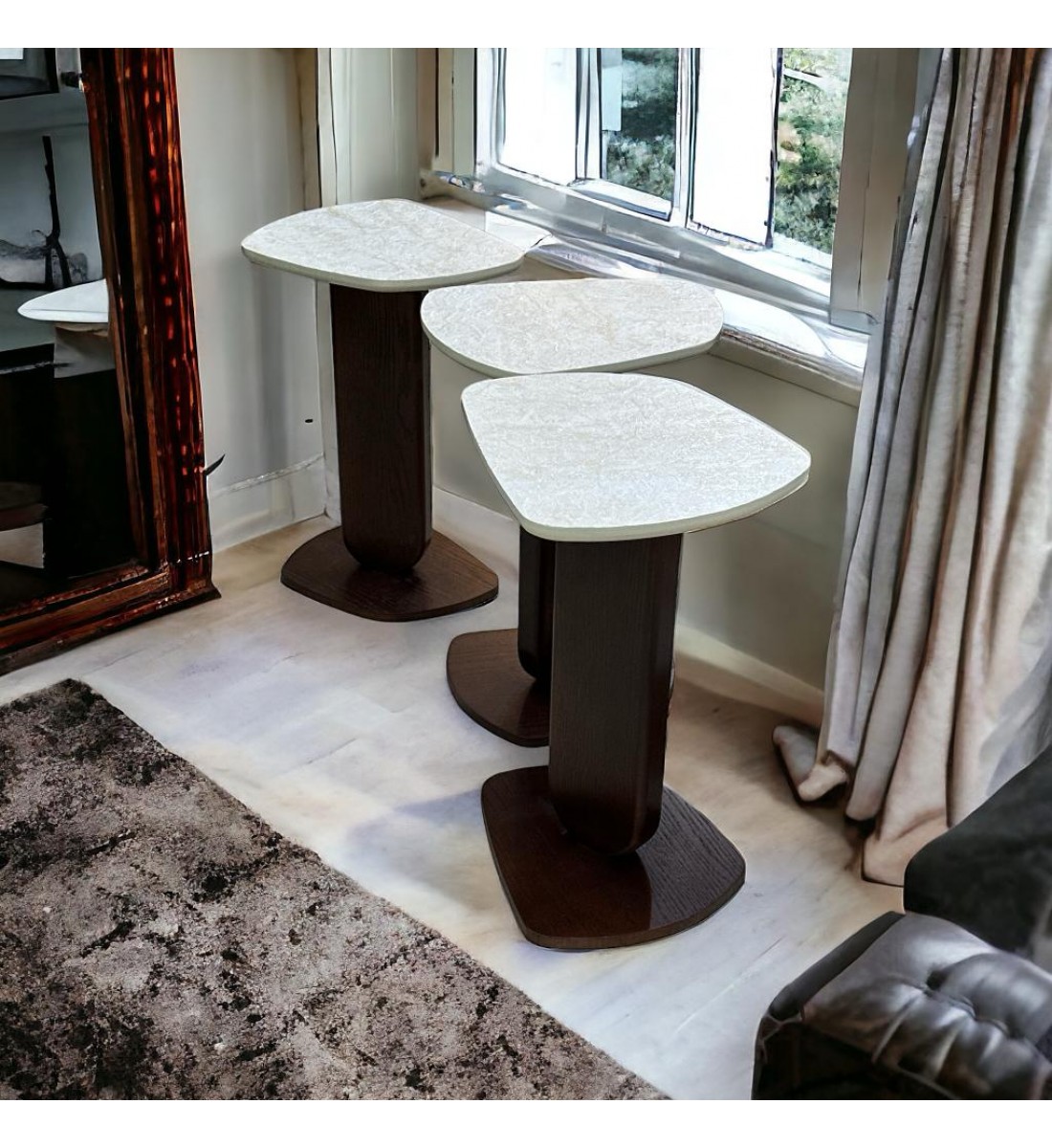 طقم طاولة خدمة بديل الرخام قاعده خشب بني سطح احجار سنديان  7 قطعة 