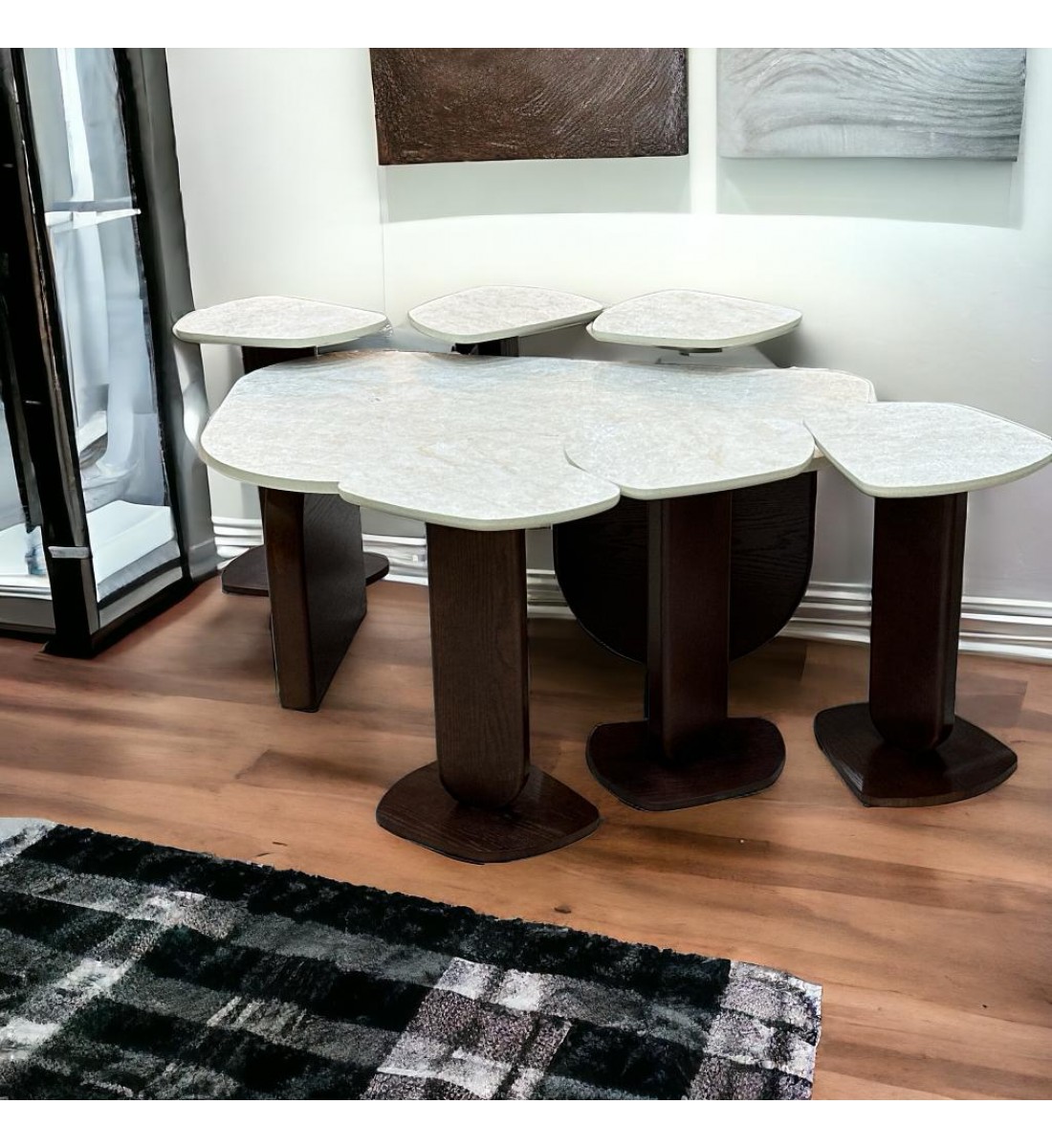 طقم طاولة خدمة بديل الرخام قاعده خشب بني سطح احجار سنديان  7 قطعة 