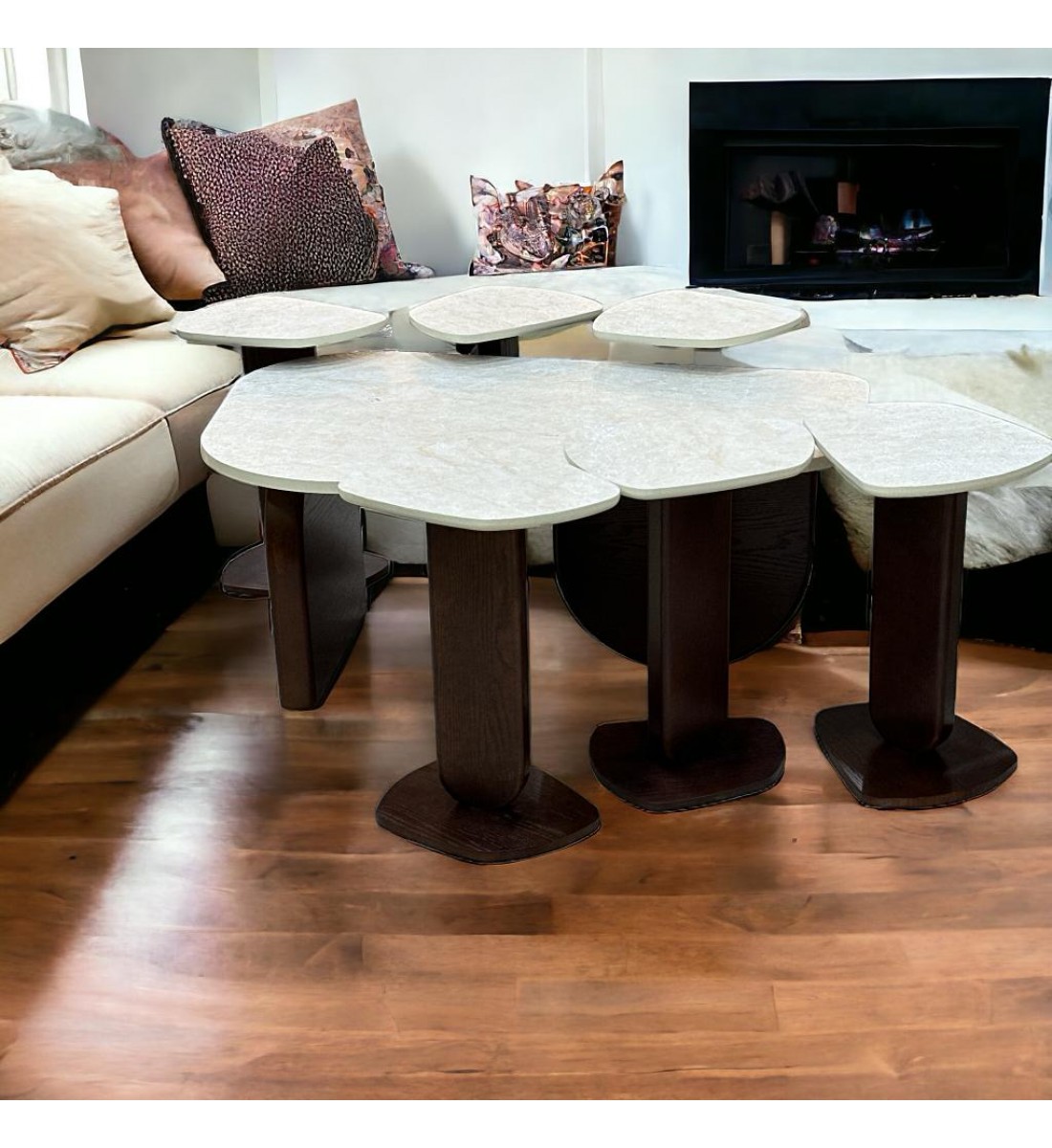 طقم طاولة خدمة بديل الرخام قاعده خشب بني سطح احجار سنديان  7 قطعة 