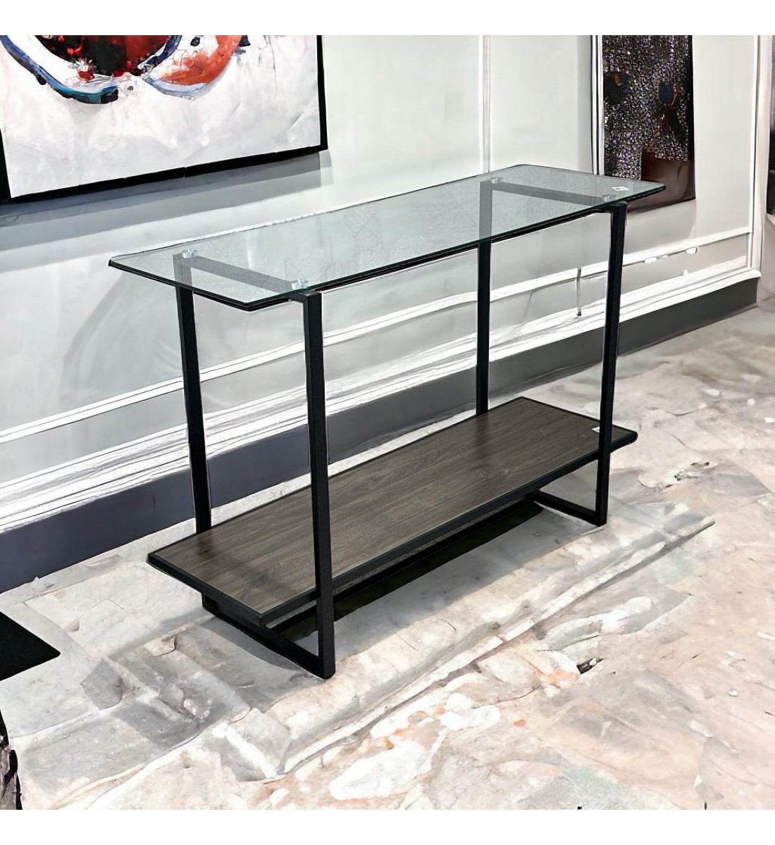 طاولة مدخل معدن و خشب ام دي اف و سطح زجاج بني و اسود - 40×120×80 سم