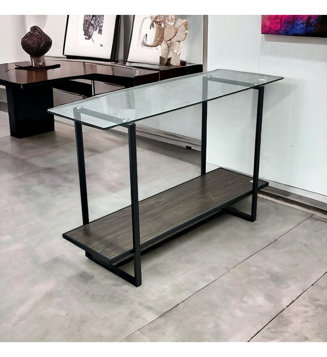 طاولة مدخل معدن و خشب ام دي اف و سطح زجاج بني و اسود - 40×120×80 سم