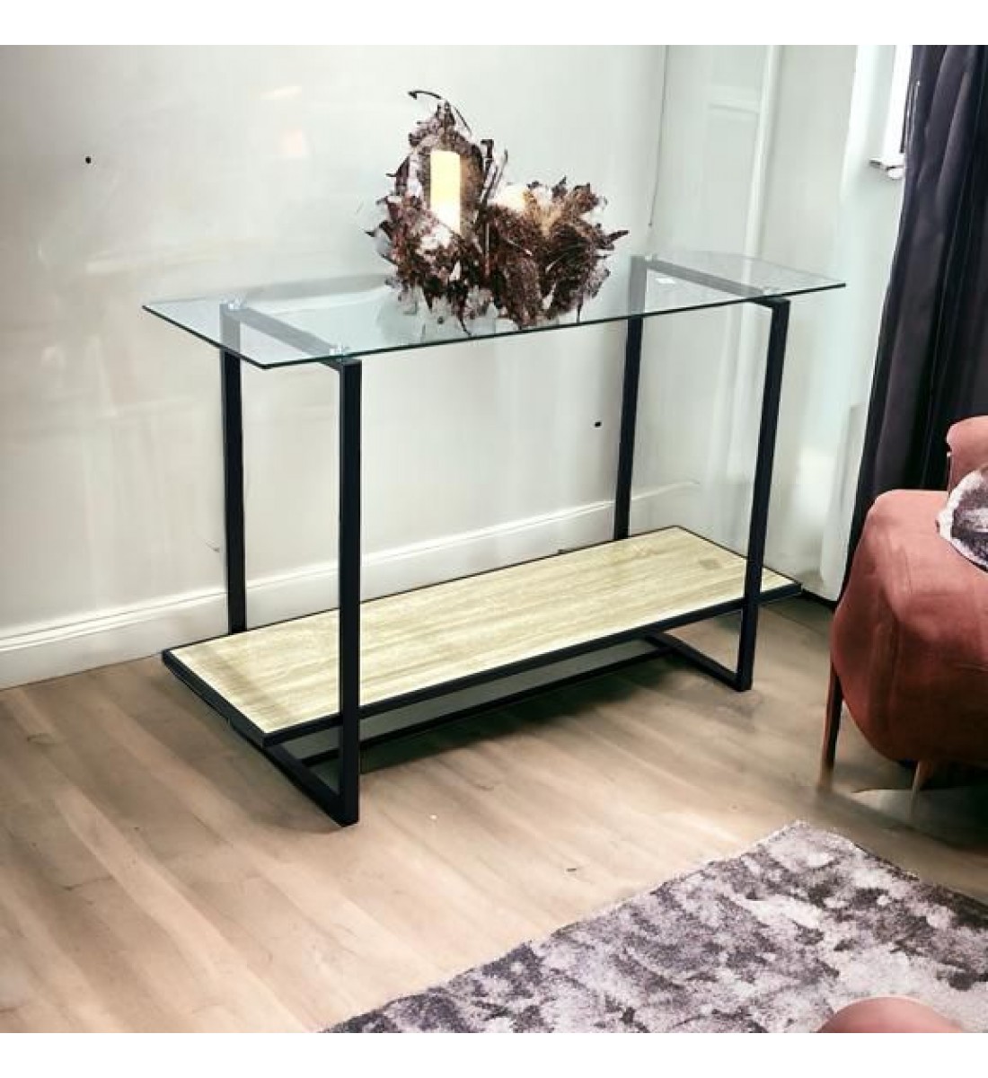 طاولة مدخل معدن و خشب ام دي اف و سطح زجاج رمادي و اسود - 40×120×80 سم
