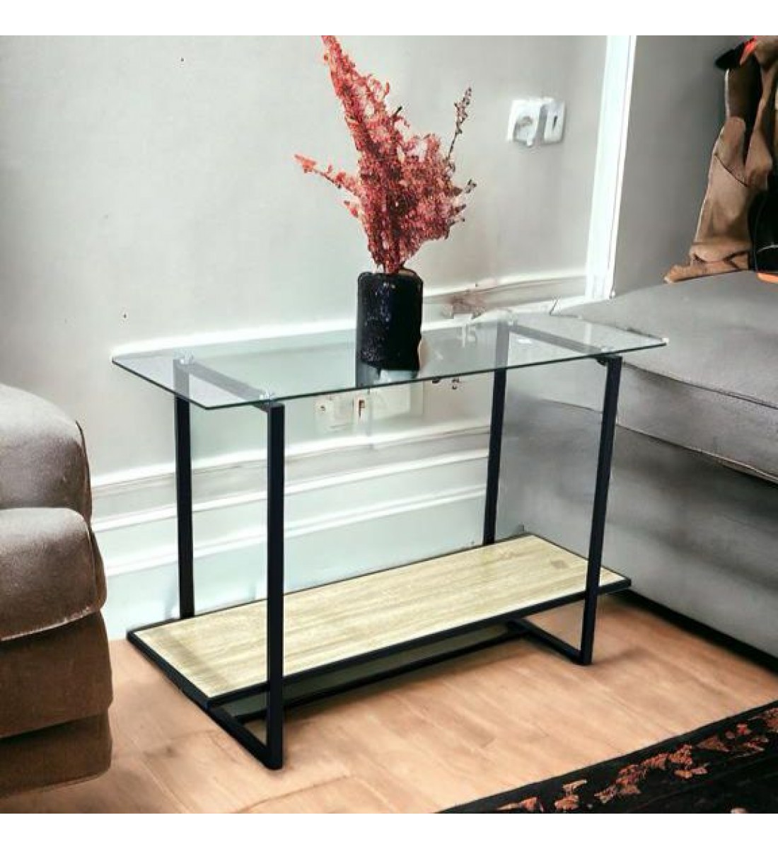 طاولة مدخل معدن و خشب ام دي اف و سطح زجاج رمادي و اسود - 40×120×80 سم