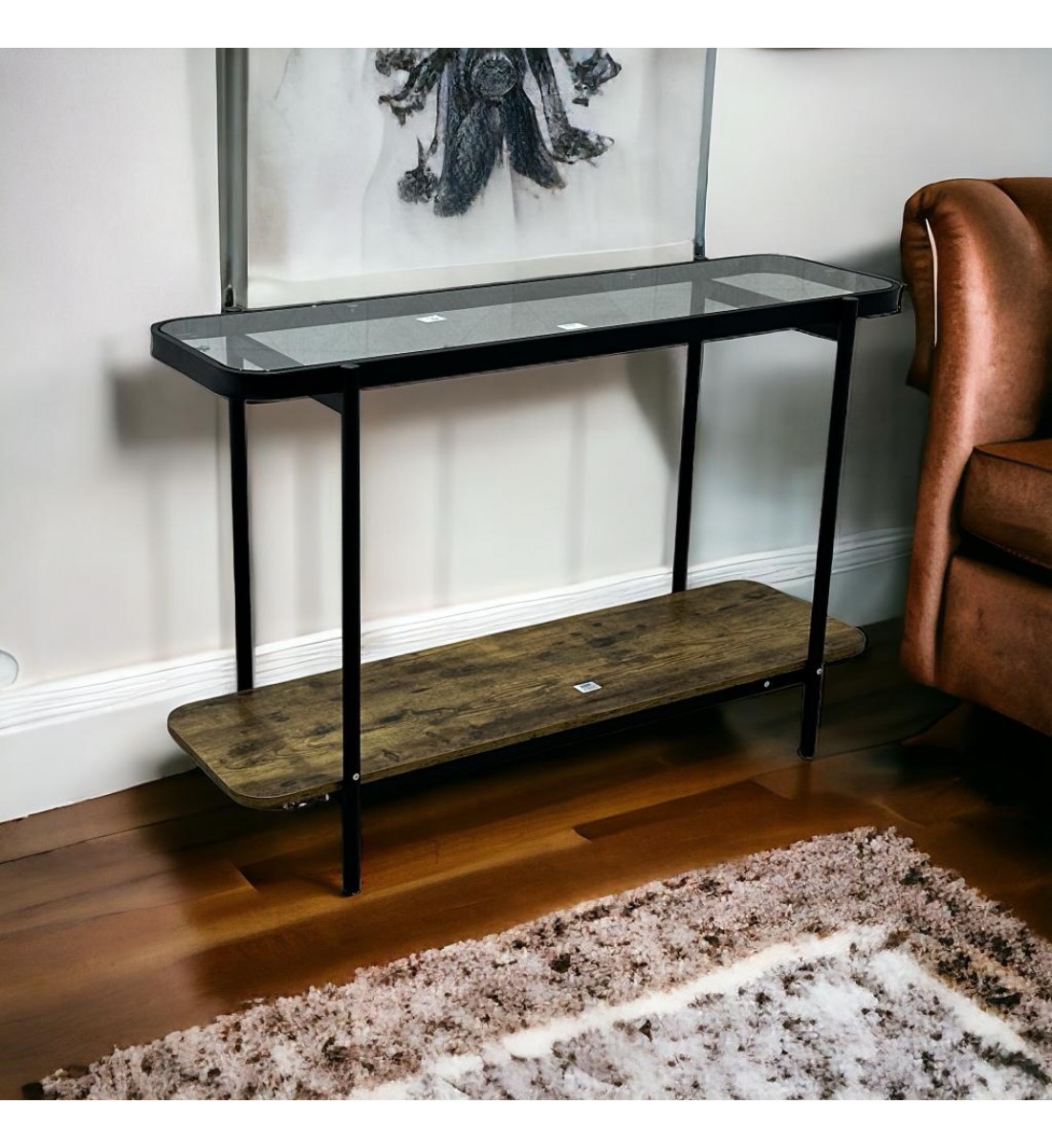 طاولة مدخل معدن و خشب ام دي اف و سطح زجاج خشبي و اسود - 35×120×80 سم