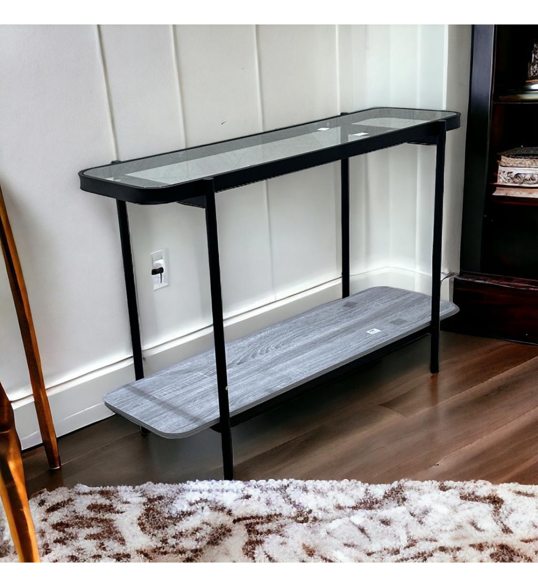 طاولة مدخل معدن و خشب ام دي اف و سطح زجاج رمادي  و اسود - 35×120×80 سم