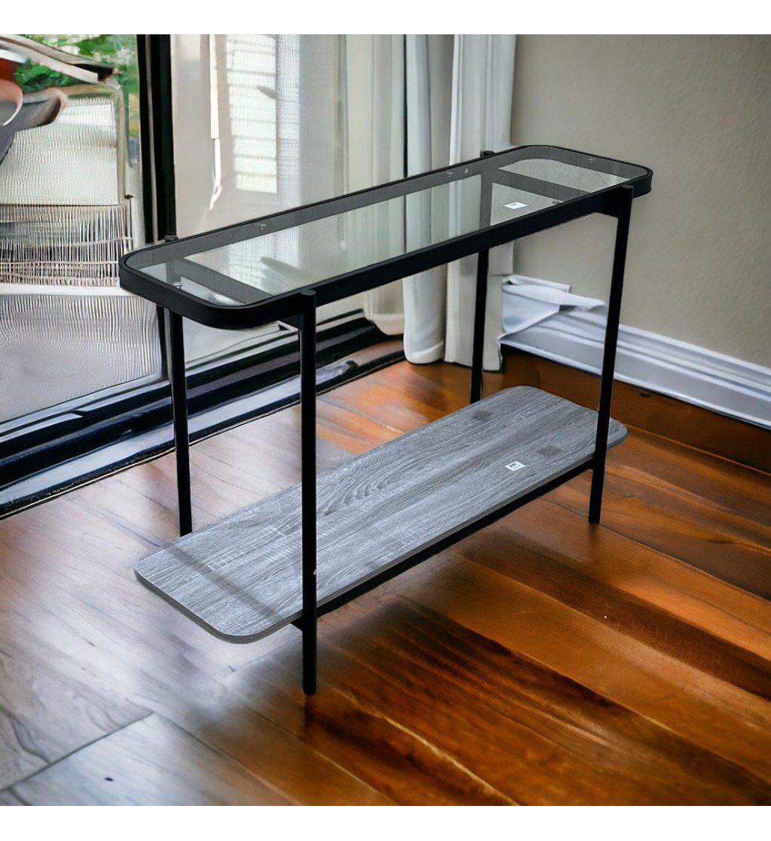 طاولة مدخل معدن و خشب ام دي اف و سطح زجاج رمادي  و اسود - 35×120×80 سم