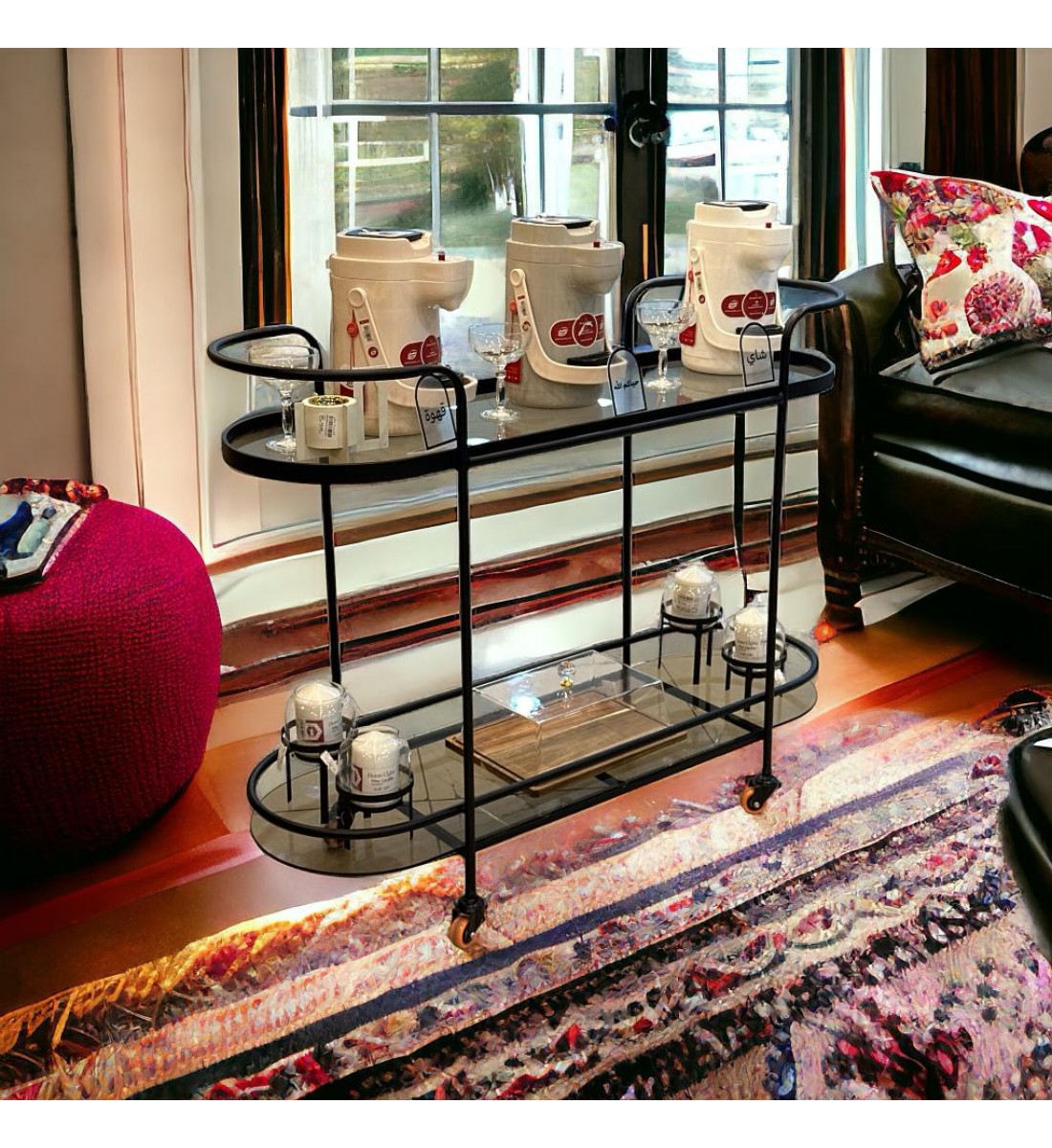 Serving cart with 2 floors, honey glass, 82 x 120 x 37 cm