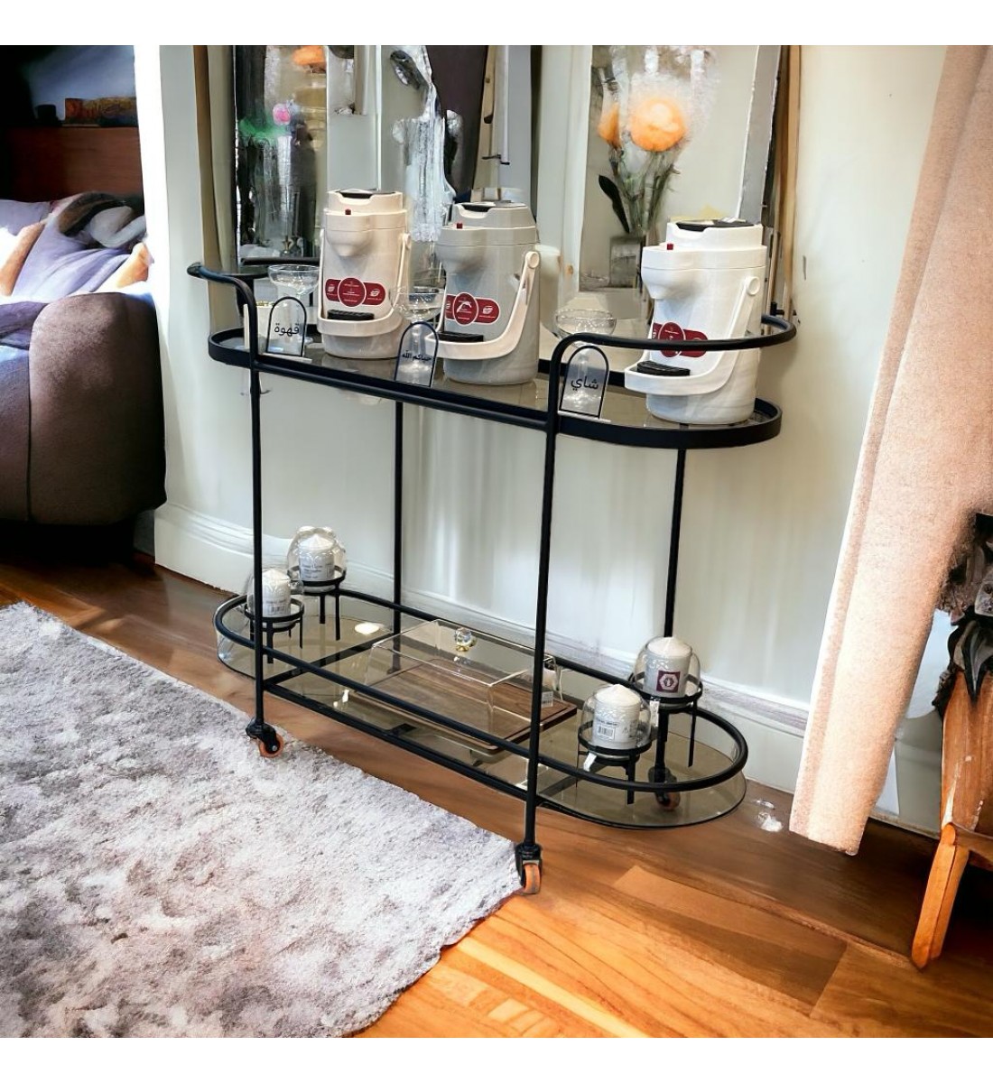Serving cart with 2 floors, honey glass, 82 x 120 x 37 cm