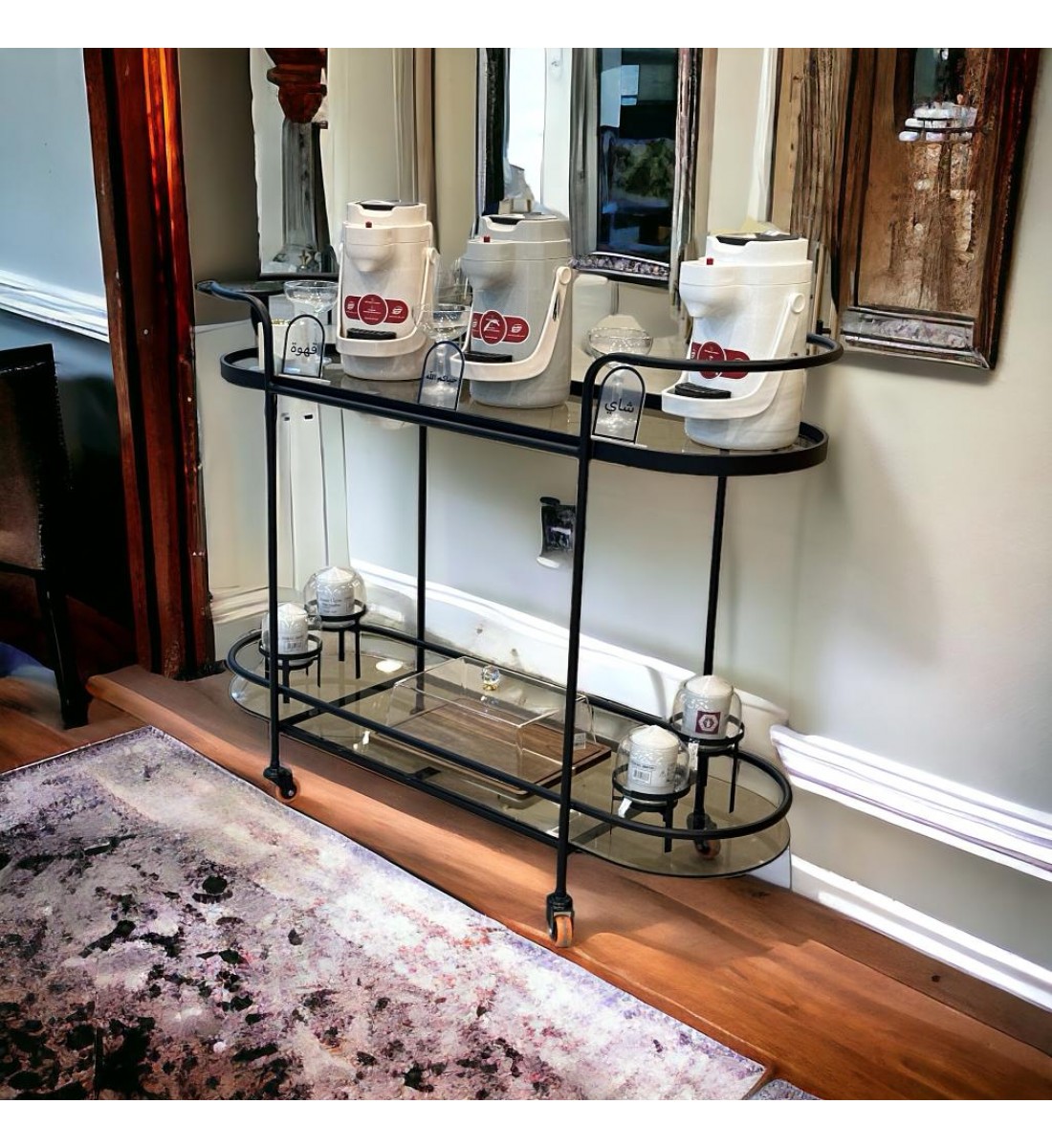 Serving cart with 2 floors, honey glass, 82 x 120 x 37 cm