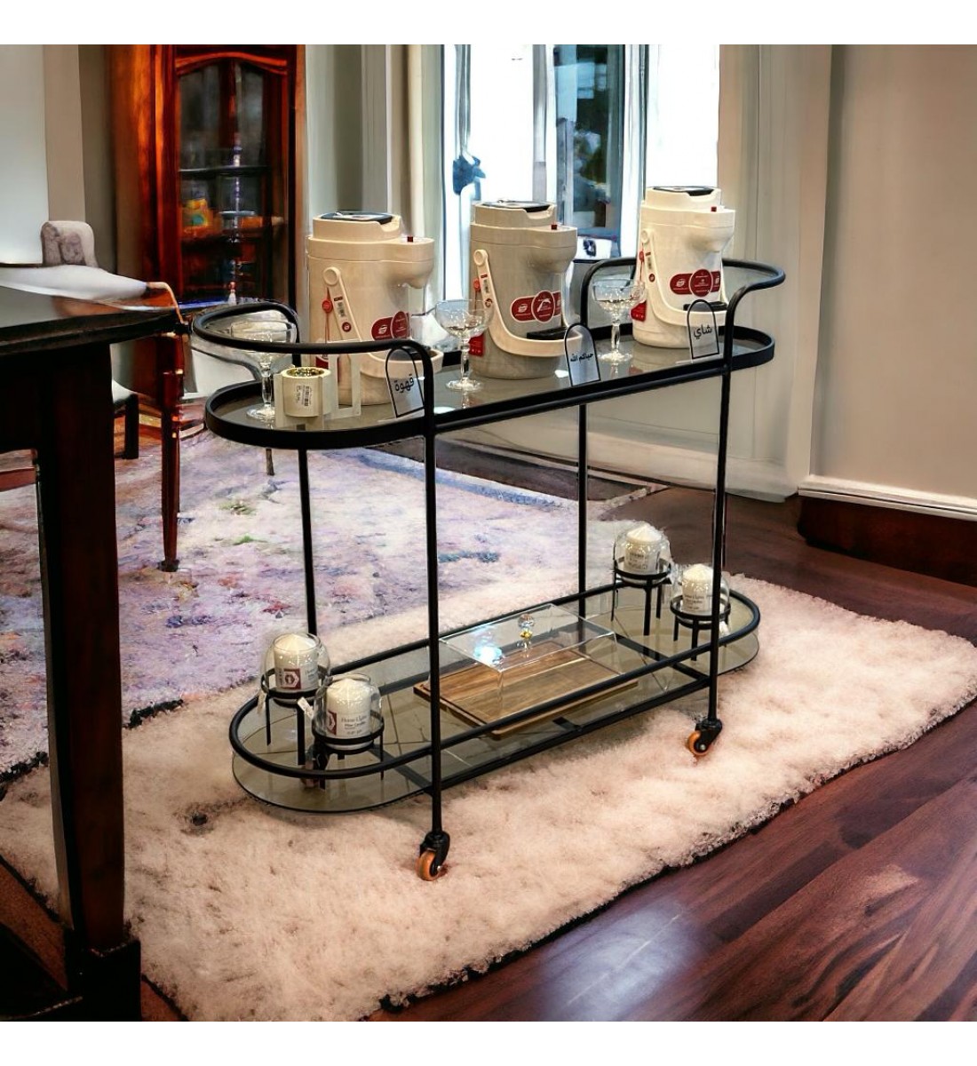 Serving cart with 2 floors, honey glass, 82 x 120 x 37 cm