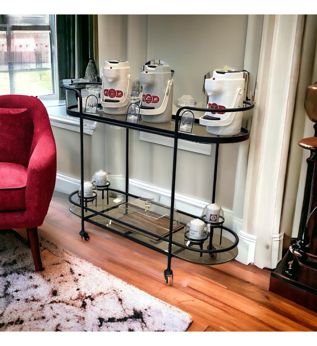 Serving cart with 2 floors, honey glass, 82 x 120 x 37 cm