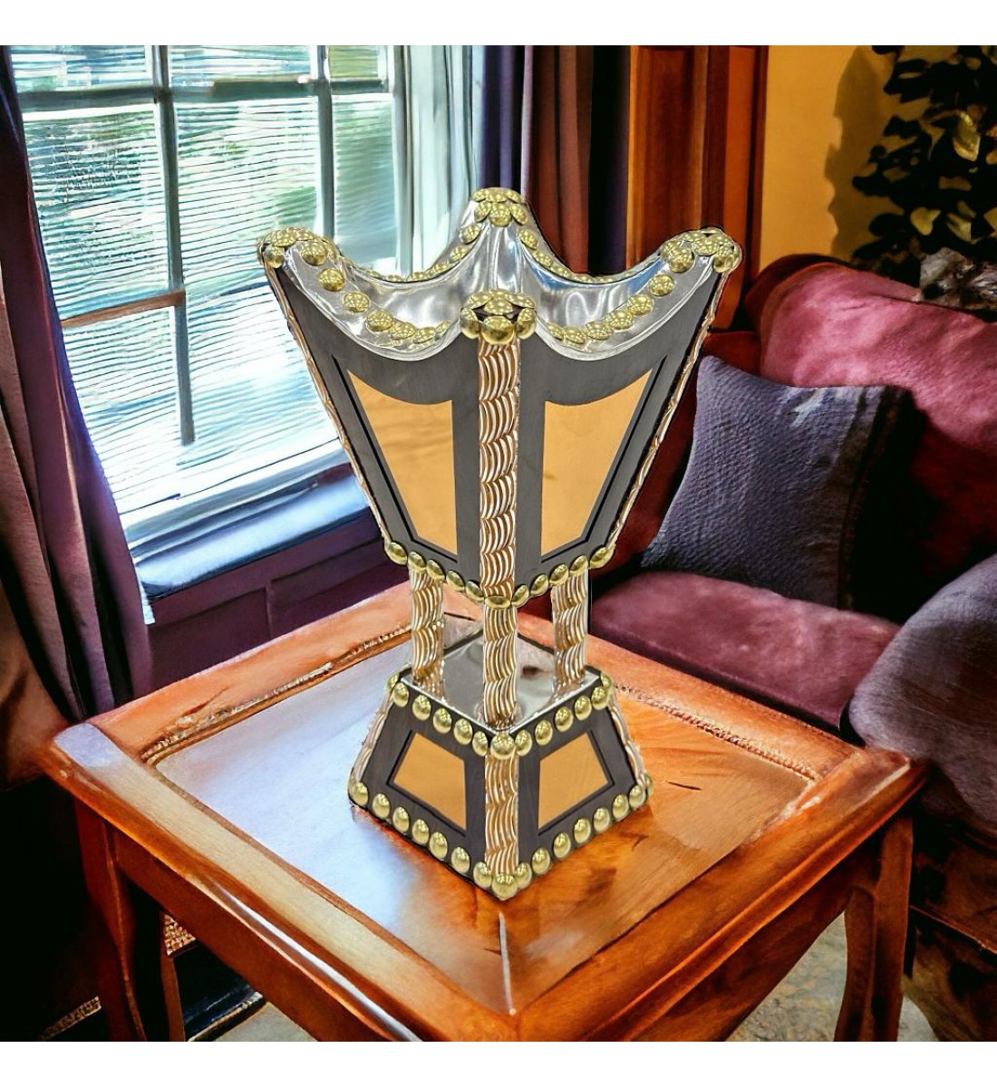 مبخره  استيل منقوشة بالخشب مرايا صغير 22×10×10سم 