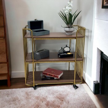 عربيه تقديم خشب  بني هيكل حديد ذهبي 80×40×85سم