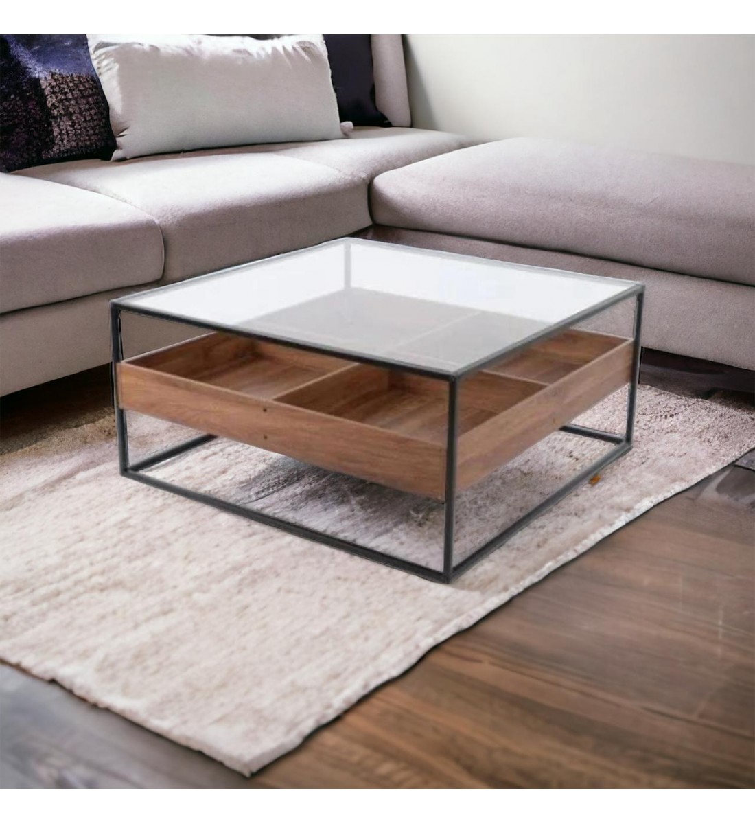 طاولة تقديم خشب دورين سطح زجاج 80×80×45سم 
