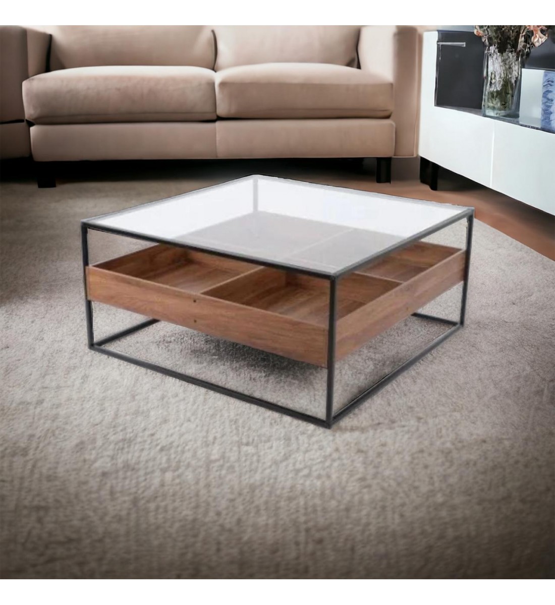طاولة تقديم خشب دورين سطح زجاج 80×80×45سم 