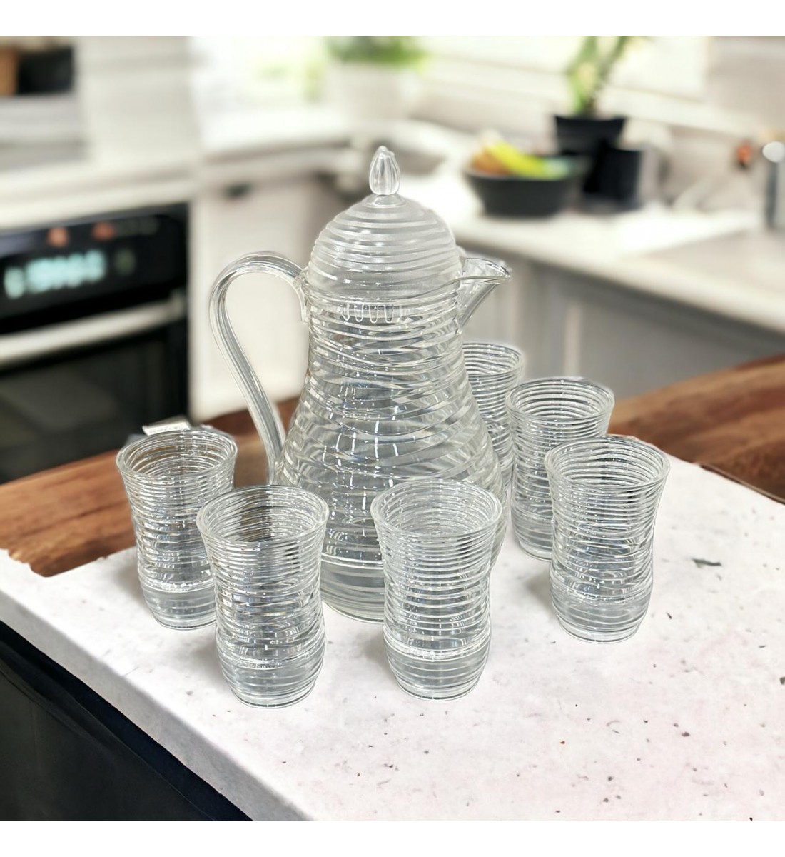 جاك زجاج اكريليك بحزام مع 6 كاسات 3 لتر تقريبا