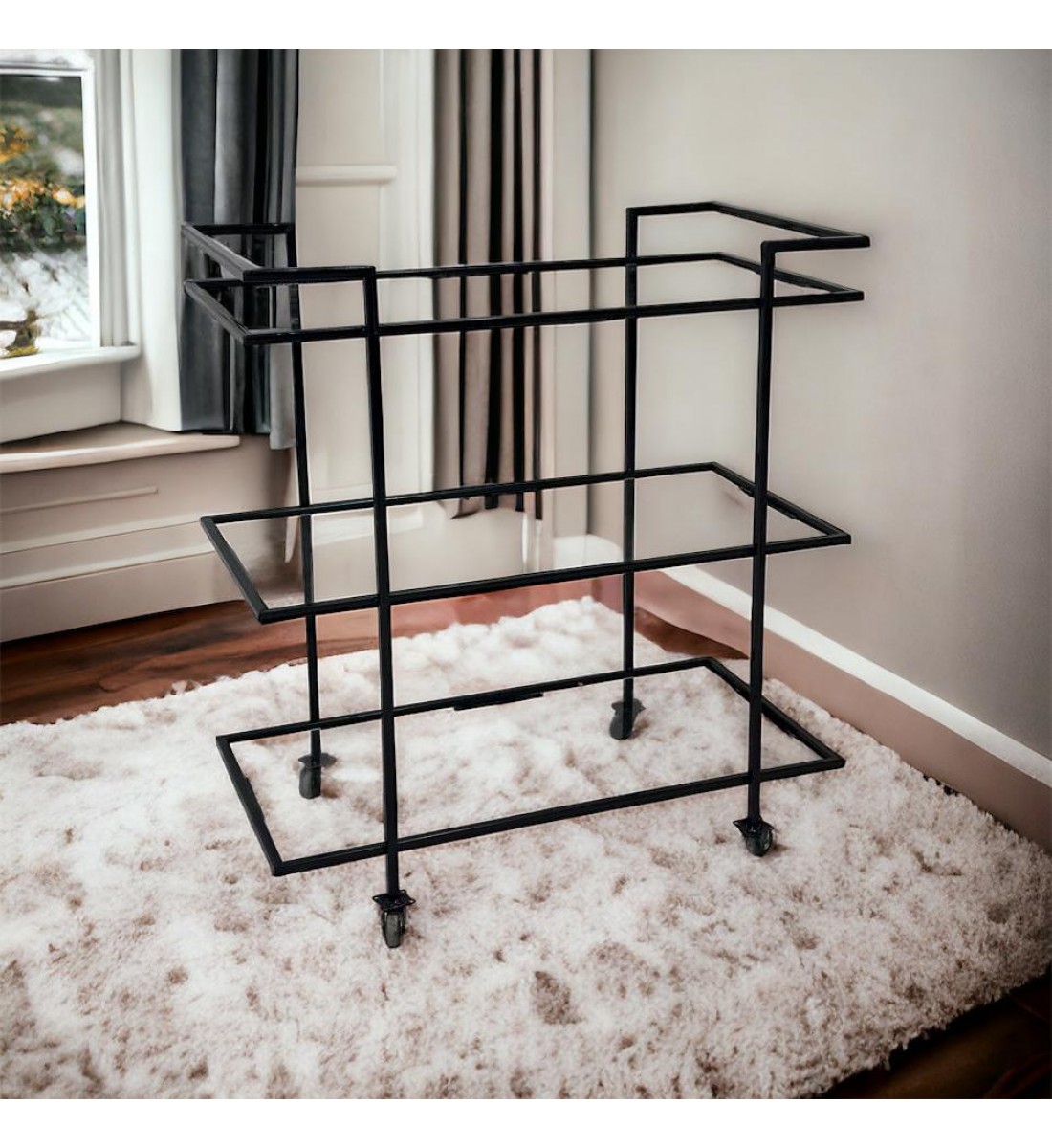 Glass presentation stroller with black iron edges3 floors with easy to move tires 80×43×85 cm 