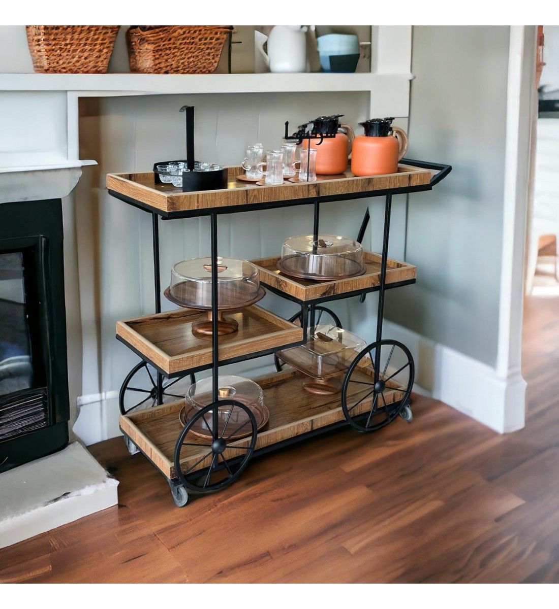 Wooden serving stroller with black iron edges3 floors with easy to move tires 100×40×94cm 