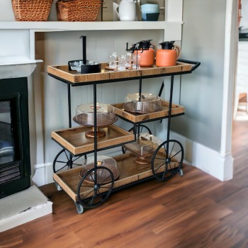 عربية تقديم خشب  باطراف حديد اسود3 دور بكفرات سهلة الحركة 100×40×94سم 