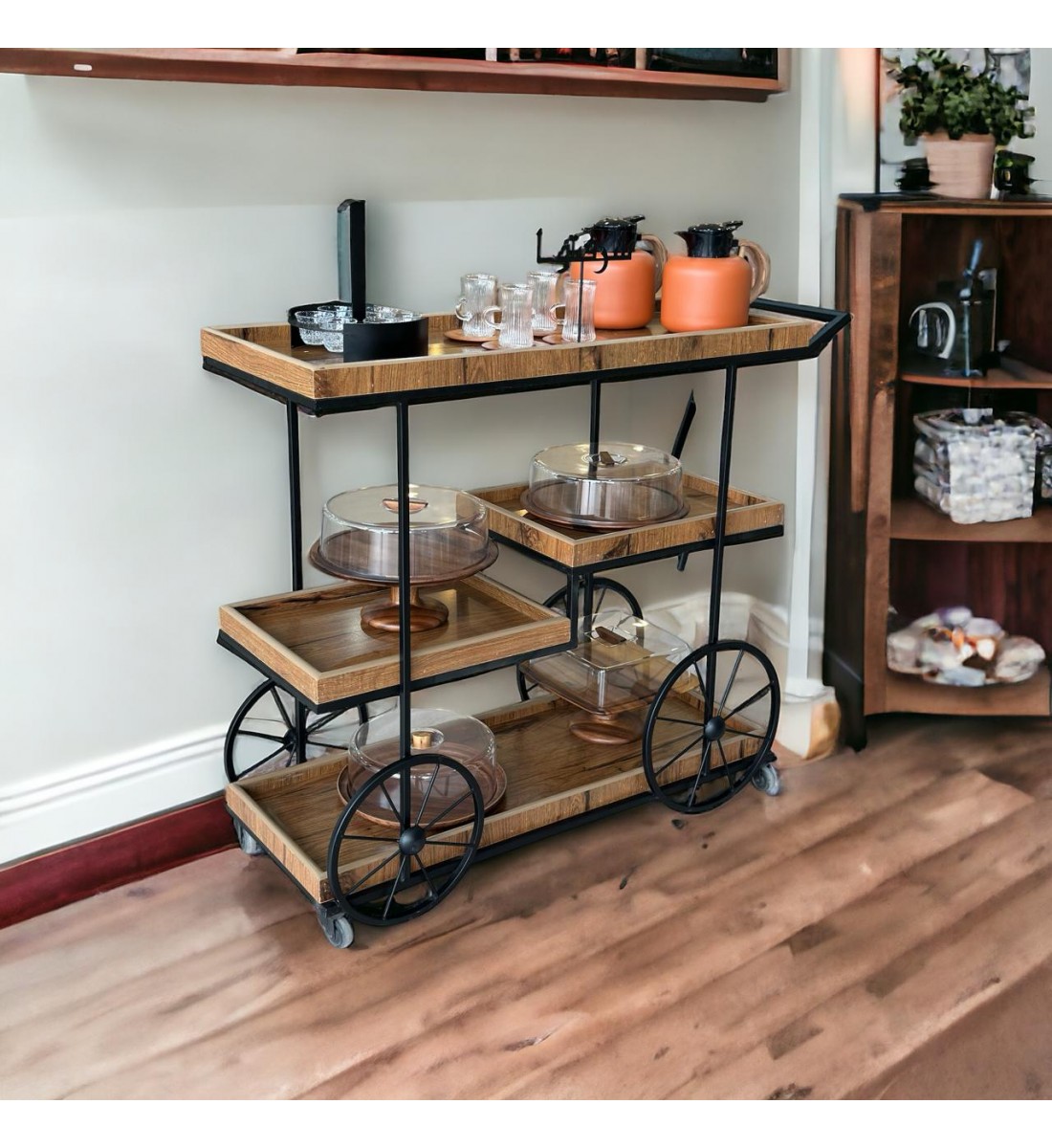 Wooden serving stroller with black iron edges3 floors with easy to move tires 100×40×94cm 