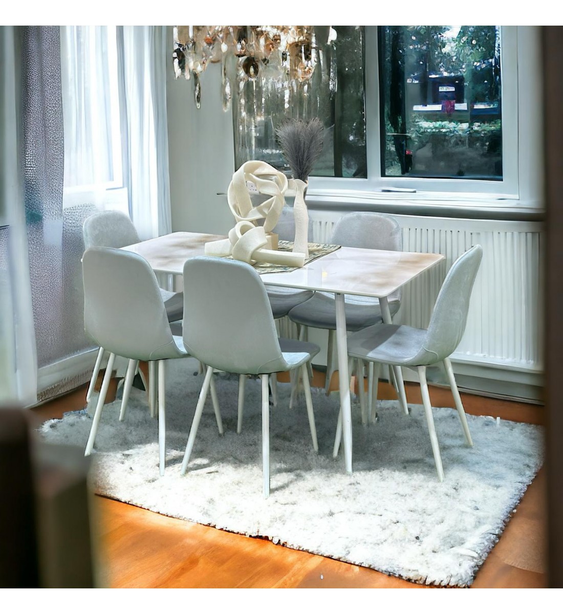 طاولة طعام ابيض مع 6كرسي بديل الخشب  مقاس 75×140×80سم 