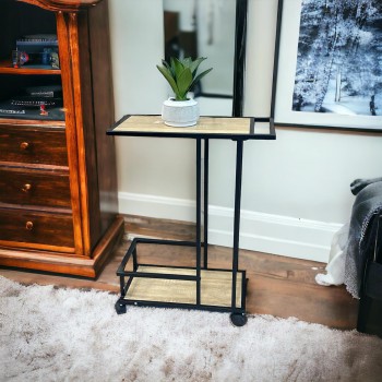 عربية تقديم خشبي لون بيج بأطراف حديد اسود 2 دور بكفرات سهلة الحركة 60×30×80سم 