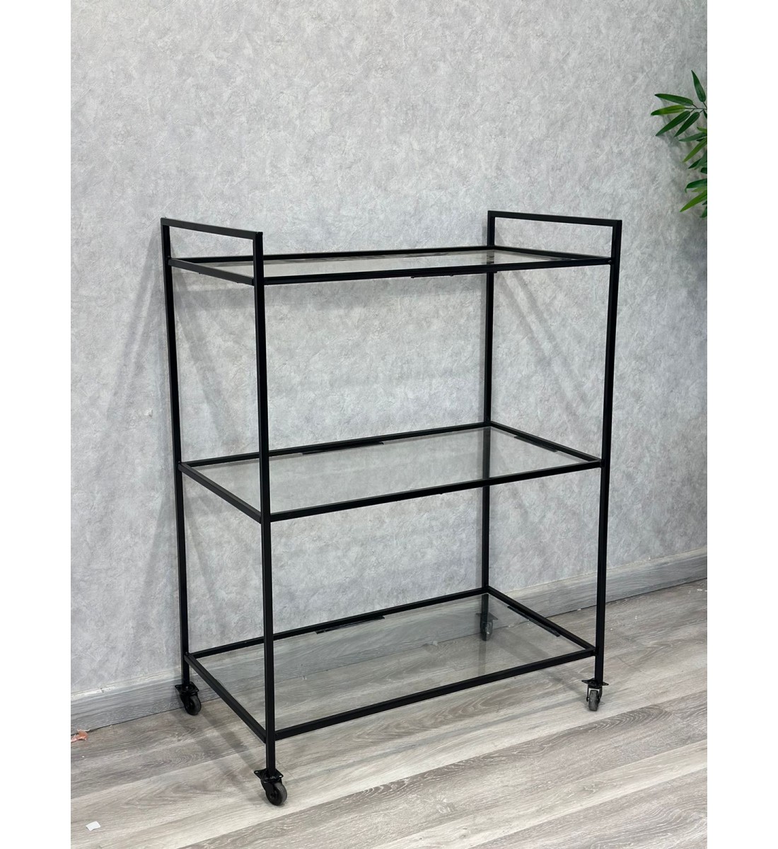عربية تقديم زجاج باطراف حديد اسود3 دور بكفرات سهلة الحركة 75×39×89سم 