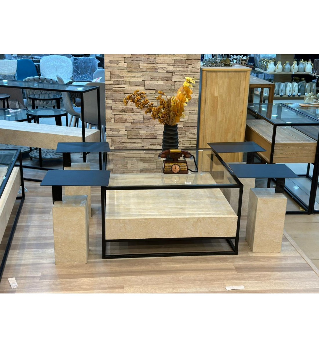 A modern design serving table set with 4 beige super jahan marble service tables