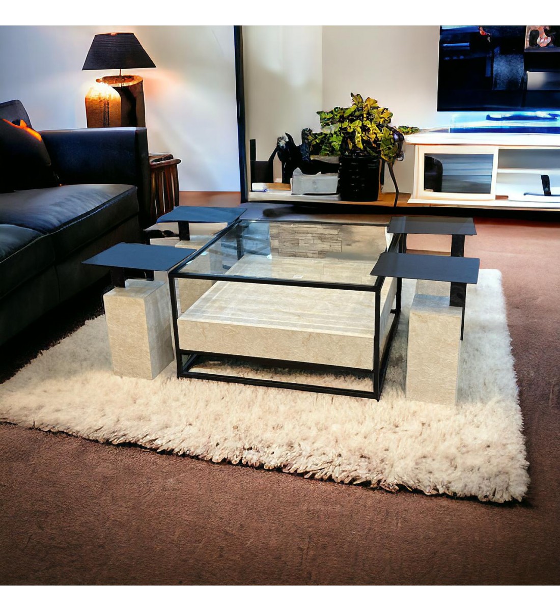 A modern design serving table set with 4 beige super jahan marble service tables