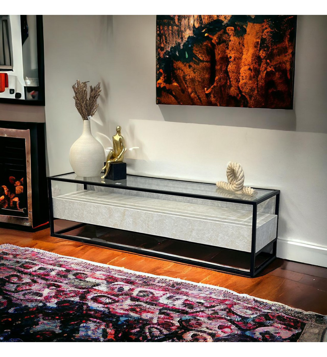   طاولة شاشة بلازما بديل الرخام سوبر دهان رخامي سطح زجاج لون بيج  40×160×45سم 