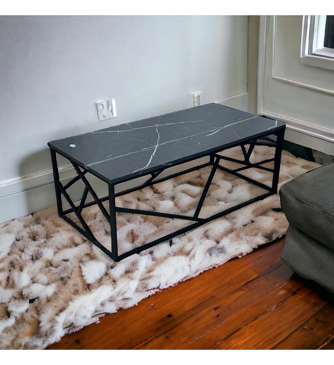 طاولة مجلس مستطيلة بسطح خشبي بقواعد حديد - رمادي غامق 45×120×60سم 