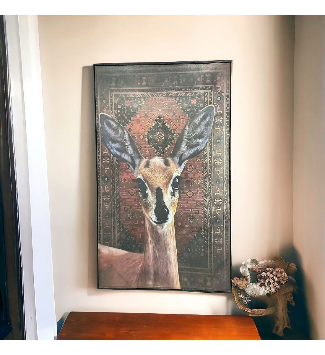 A gazelle canvas wall decoration painting with a black frame, 120 x 200 cm