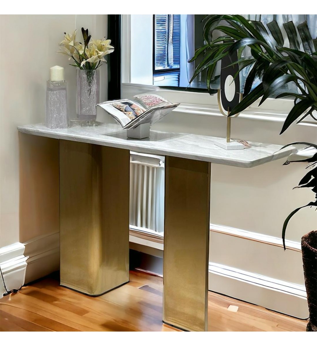 Entrance table, gray steel, ceramic surface, 81 x 140 x 40 cm