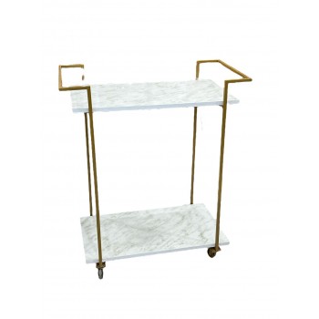 عربة تقديم لون ذهبي دورين سطح خشب لون ابيض شبيه الرخام