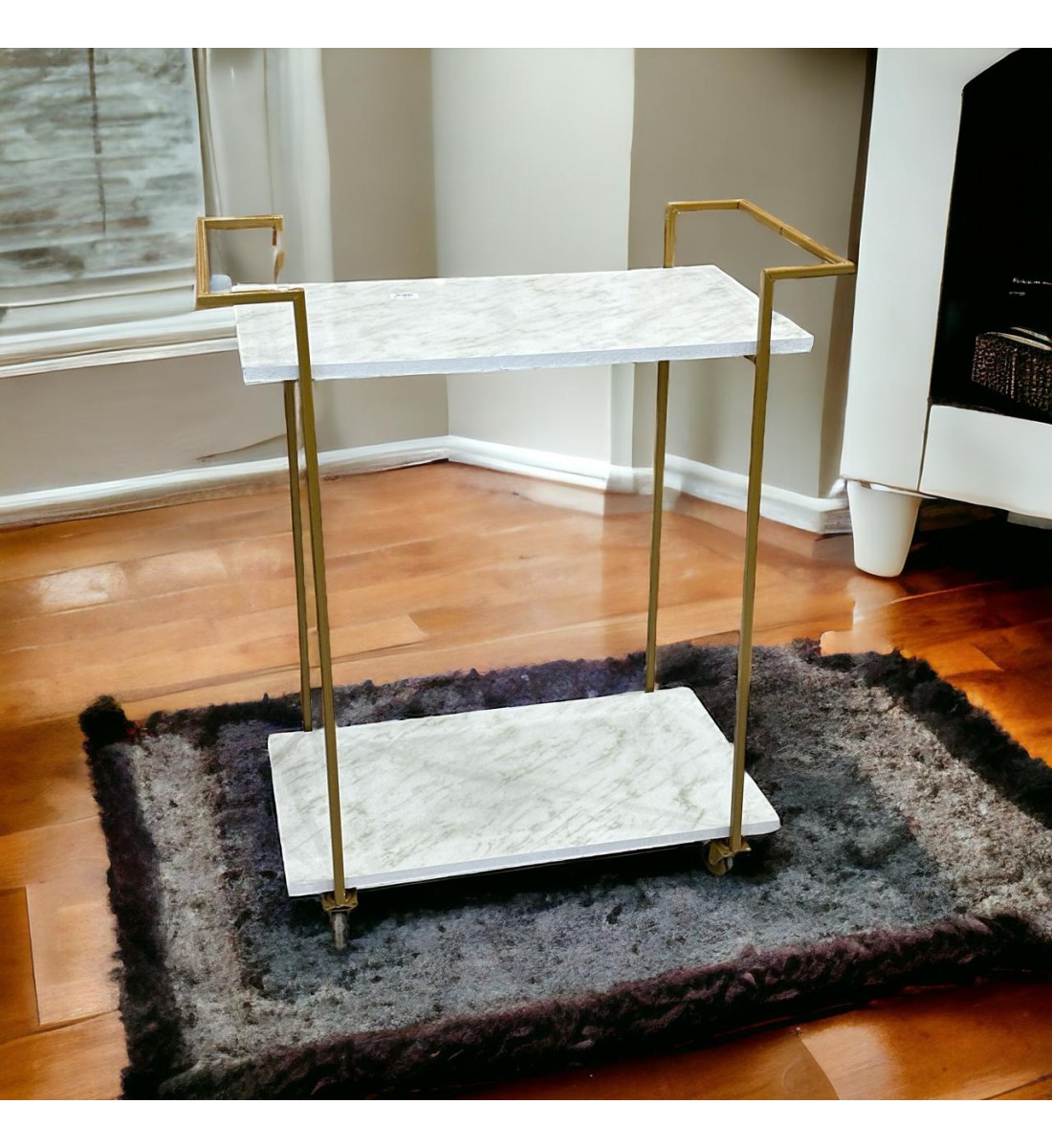 عربة تقديم لون ذهبي دورين سطح خشب لون ابيض شبيه الرخام عربة تقديم لون ذهبي دورين سطح خشب لون ابيض شبيه الرخام