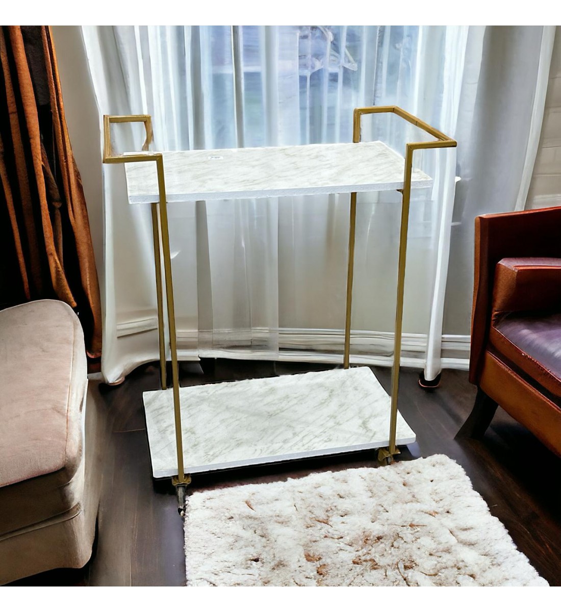 عربة تقديم لون ذهبي دورين سطح خشب لون ابيض شبيه الرخام عربة تقديم لون ذهبي دورين سطح خشب لون ابيض شبيه الرخام
