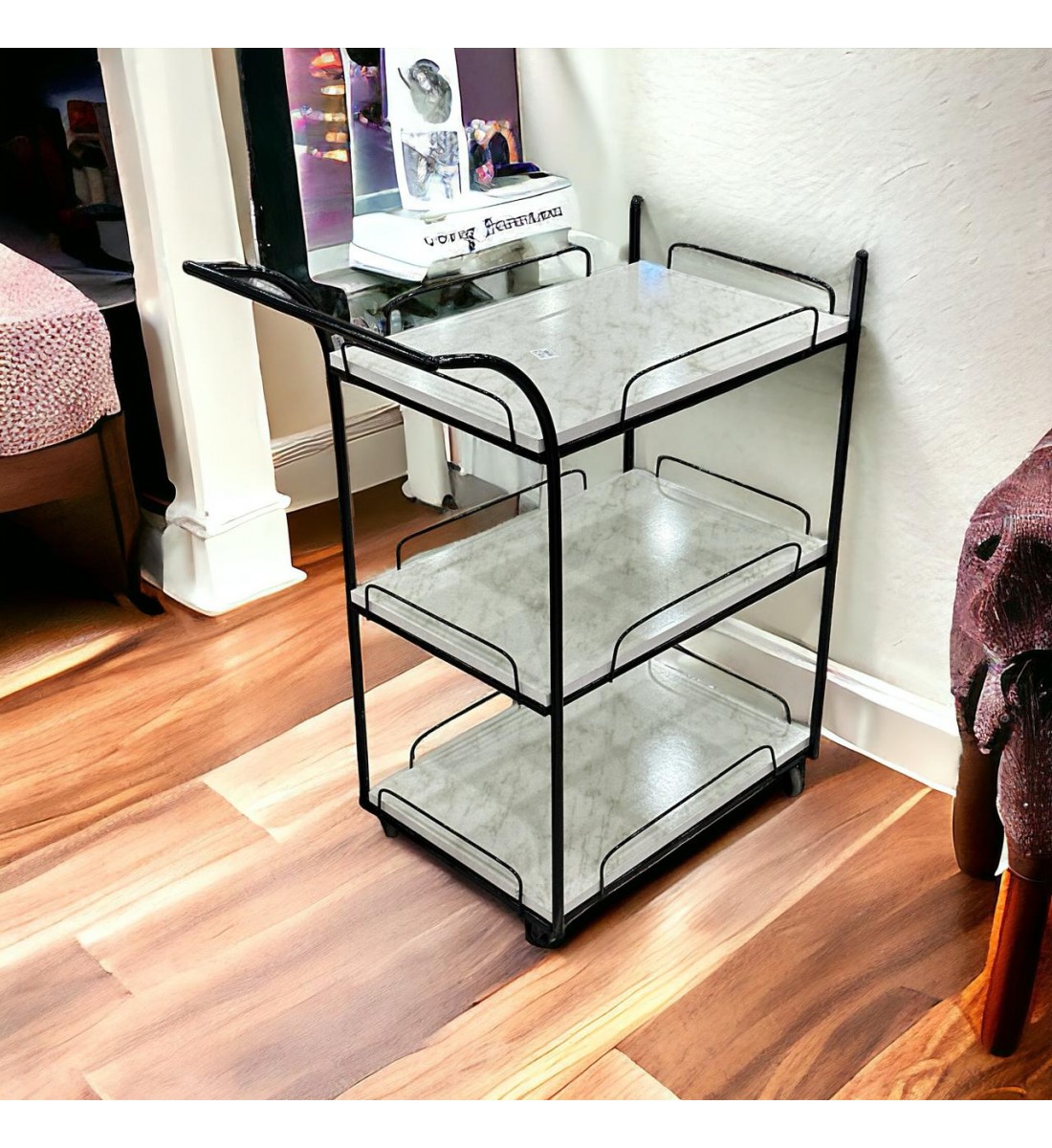 Serving cart, black, 3 floors, white wood surface similar to marble