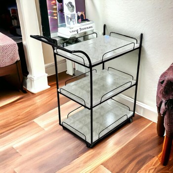 عربة تقديم لون اسود 3دور سطح خشب لون ابيض شبيه الرخام