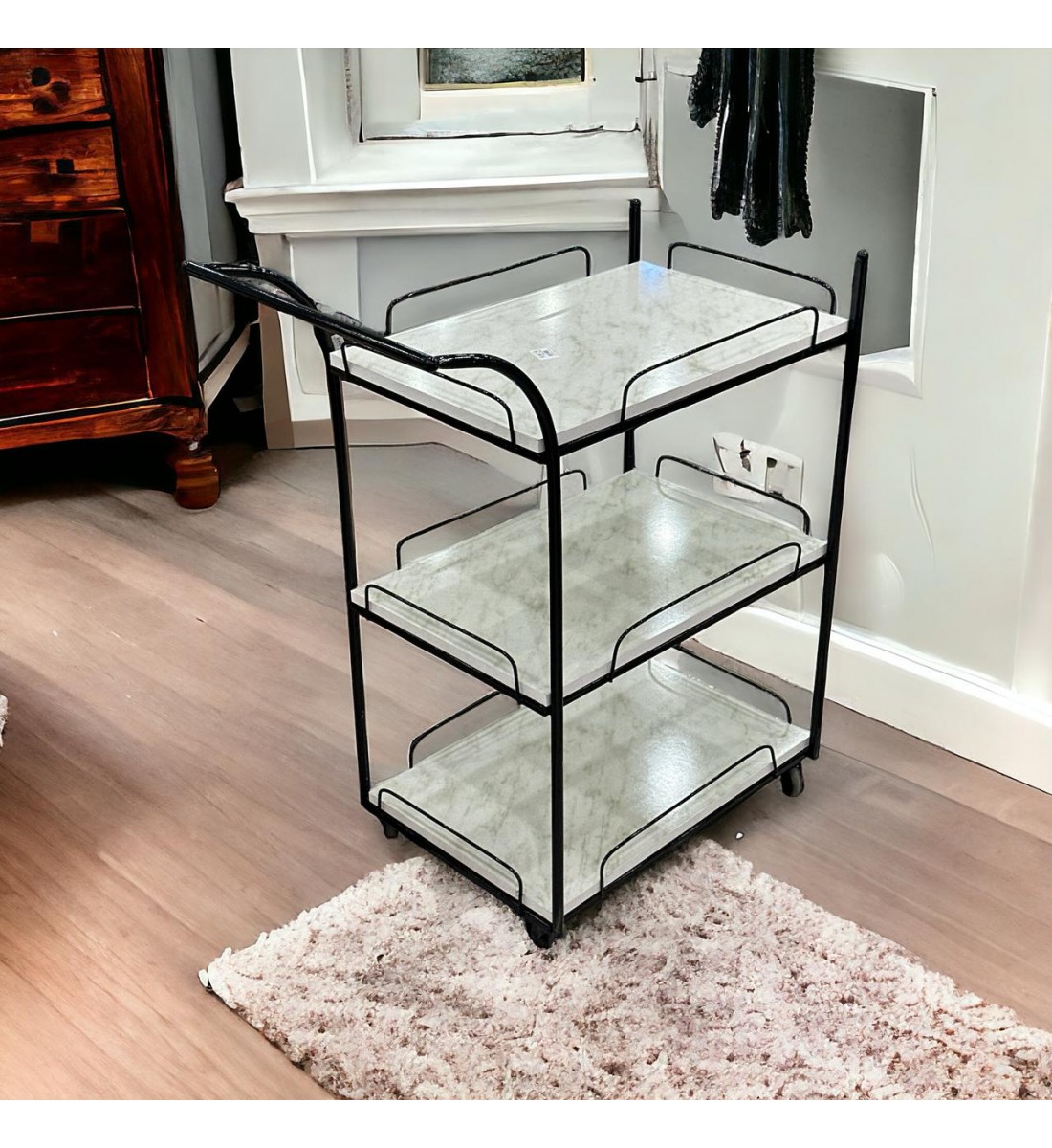 Serving cart, black, 3 floors, white wood surface similar to marble