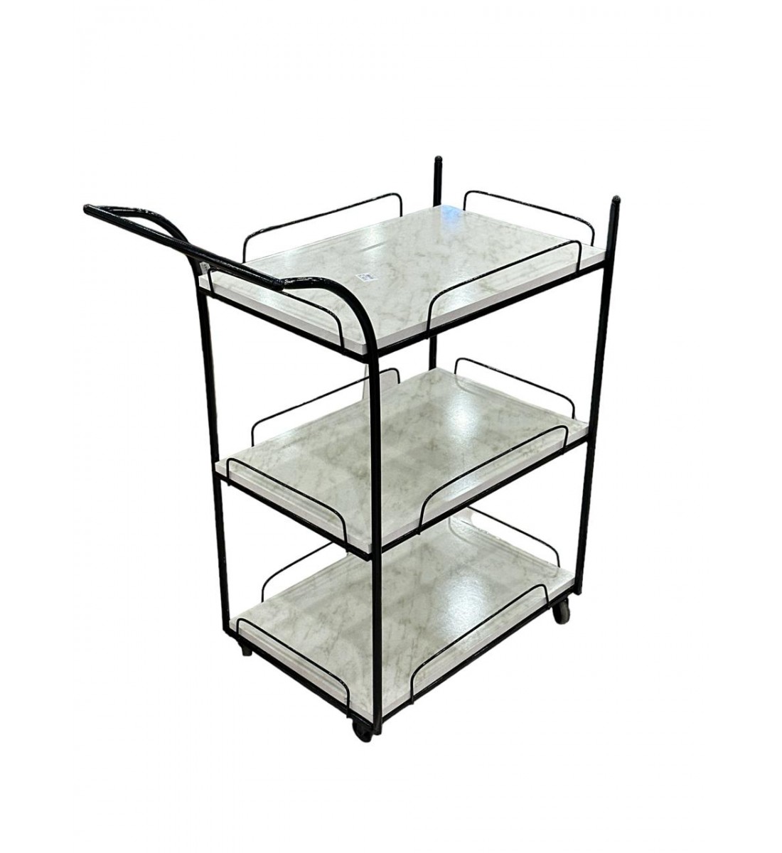 Serving cart, black, 3 floors, white wood surface similar to marble