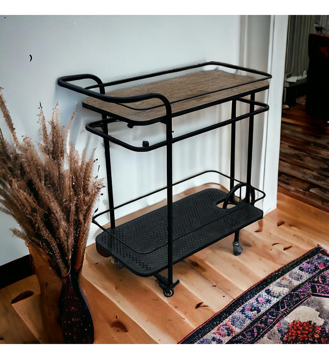 عربة تقديم لون اسود دورين سطح خشب لون بني عربة تقديم لون اسود دورين سطح خشب لون بني