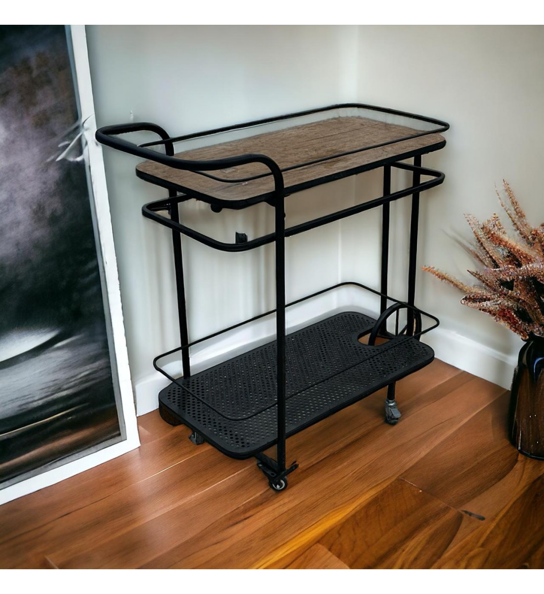 عربة تقديم لون اسود دورين سطح خشب لون بني عربة تقديم لون اسود دورين سطح خشب لون بني