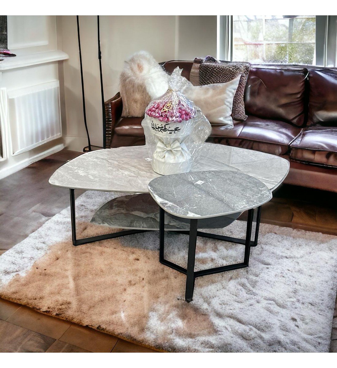 طقم طاولات طاولة قهوة فيكو - رمادي سيراميك/أسود 2قطع