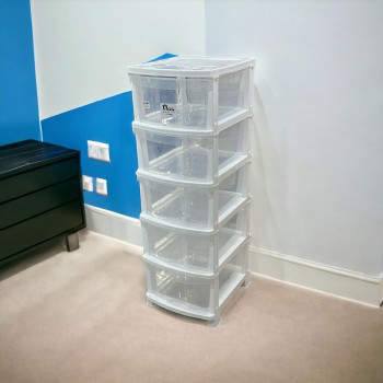 وحدة ادراج تخزين بلاستيك5 ادراج ابيض شفاف 47×37×115سم 