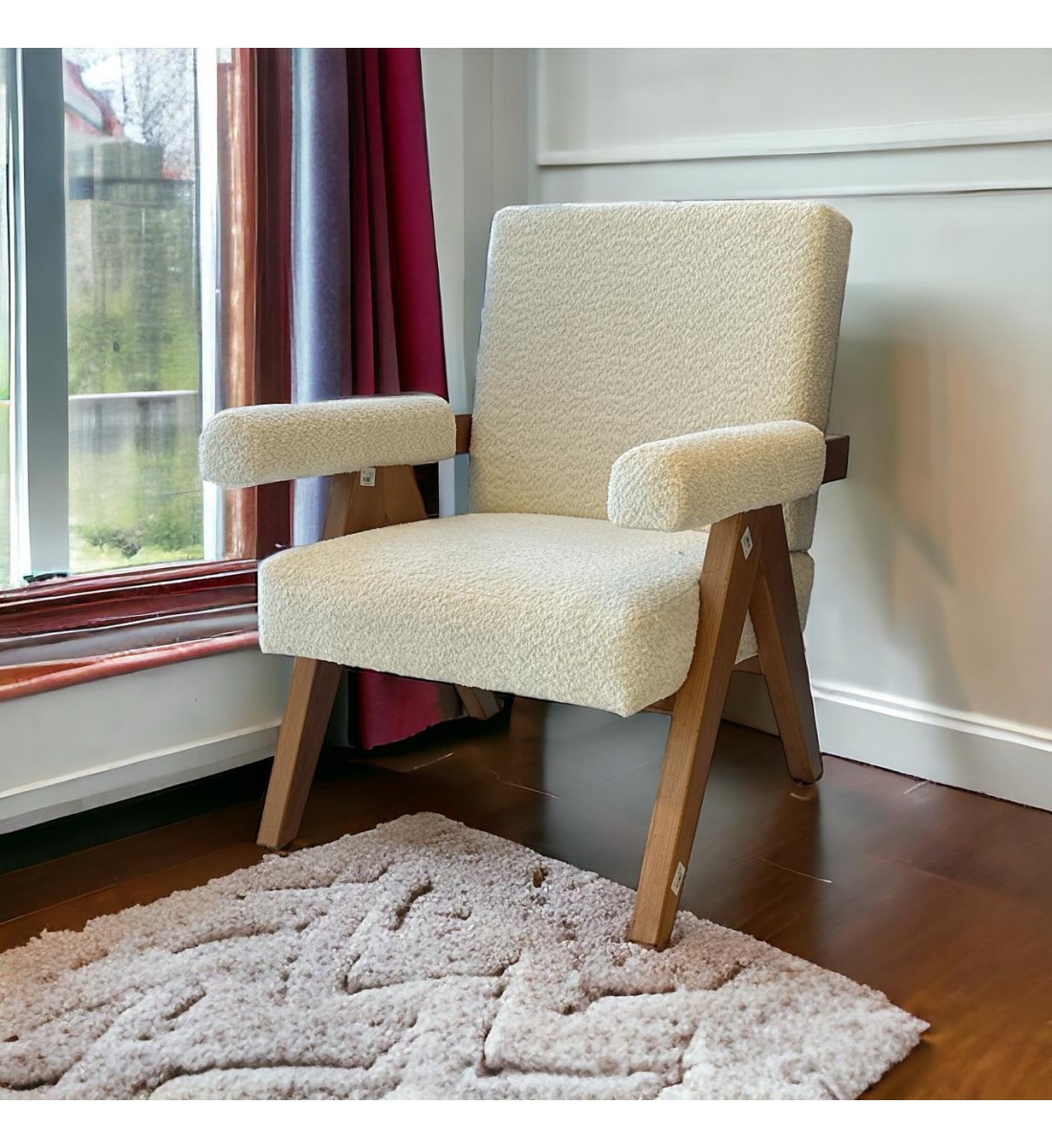 كرسي مفرد خشبي بوكلية بتصميم مودرين مميز خشب زان بني  69×70×45سم 