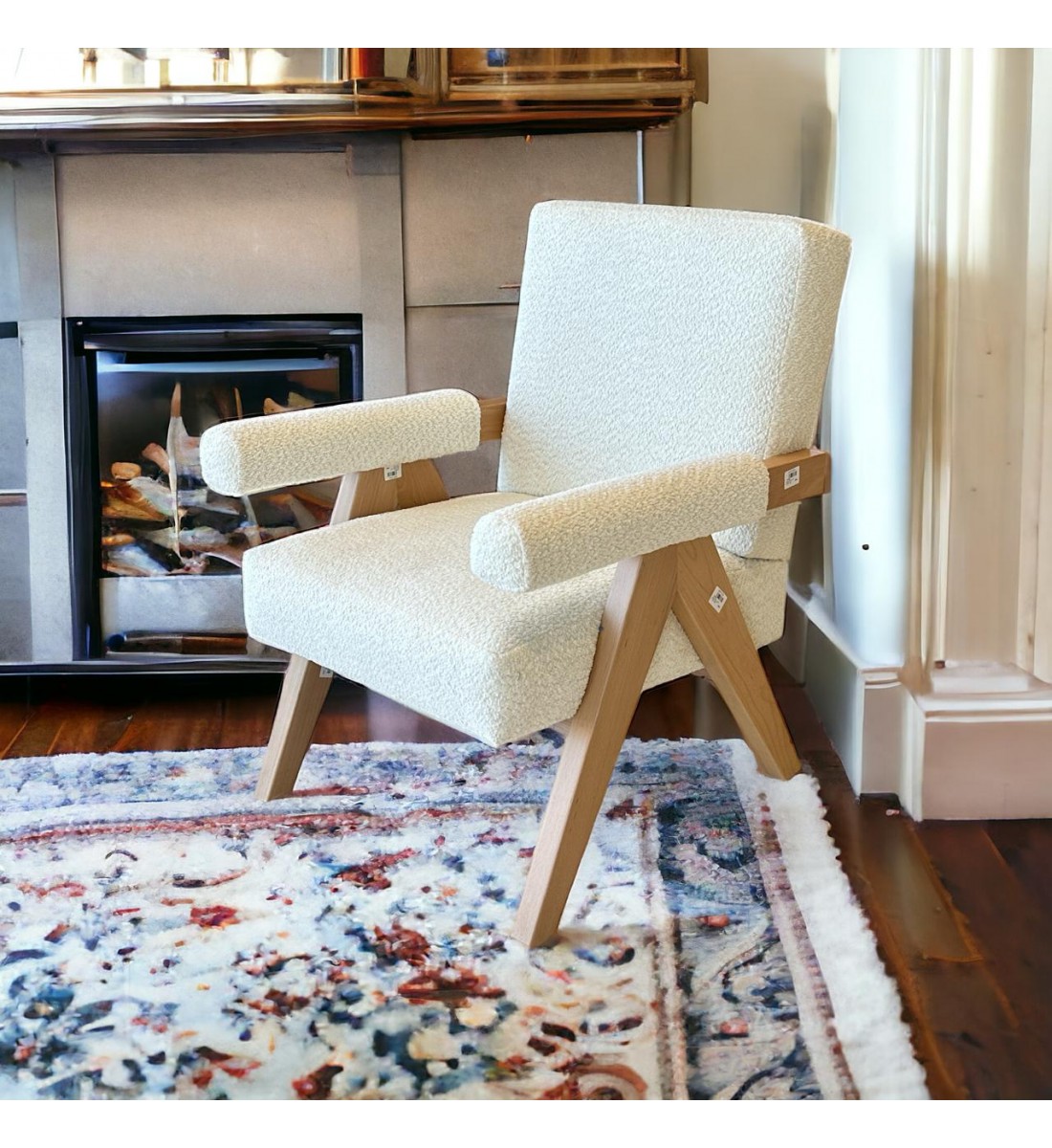 كرسي مفرد خشبي بوكلية بتصميم مودرين مميز  ابيض خشب زان  بيج 69×70×45سم 